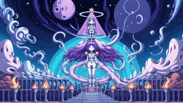 anime style scene of a woman in a purple dress standing on a platform