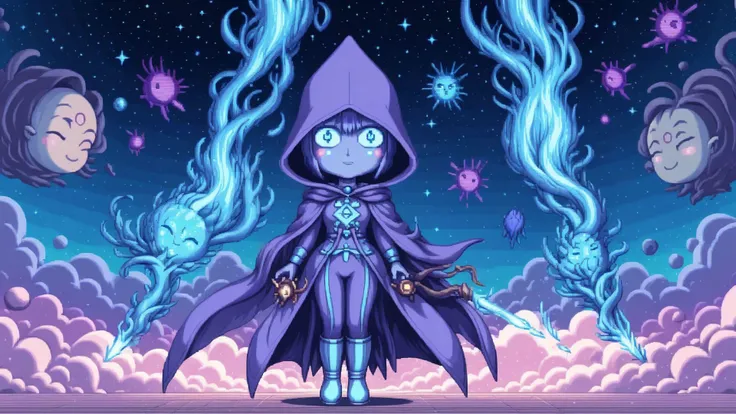 a cartoon image of a woman in a purple cloak and a purple cape