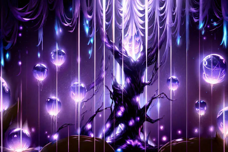 purple and blue lights shine brightly in a dark room with a tree