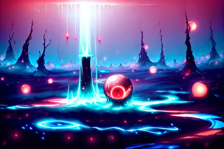 a painting of a futuristic city with a giant red ball in the middle