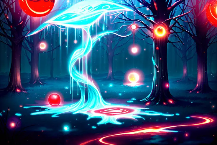 a painting of a tree with glowing lights and a stream of water