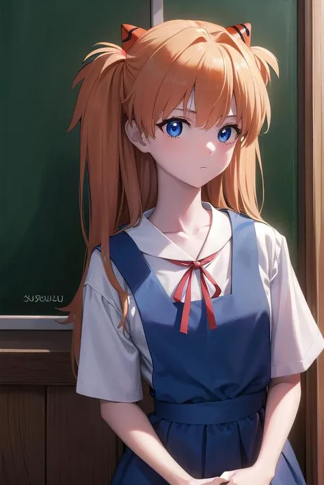 anime girl with long red hair and blue eyes standing in front of a blackboard