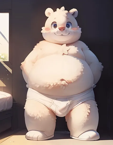 (((detailed eyes, detailed face))), (furry, <lora:pile:0.8>, pilebitc, black eyes, belly), male, (solo), (plump, fat, chubby, overweight), (white briefs <lora:bulge_brief_cum_findigo_v3:1>, topless), (bulge), standing, (arms behind back), smile BREAK (by k...