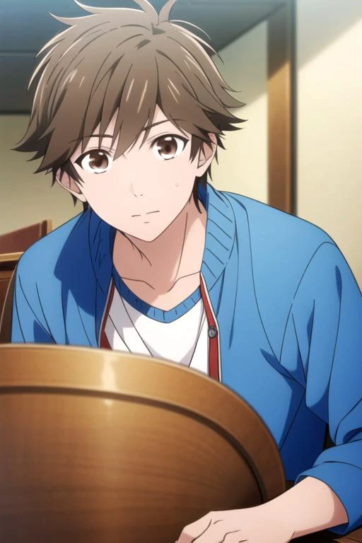 masterpiece, best quality, game cg, 1boy, solo, male focus, looking at viewer, , depth of field, <lora:kensuke_ooshiba:0.68>, kensuke_ooshiba, brown hair, brown eyes