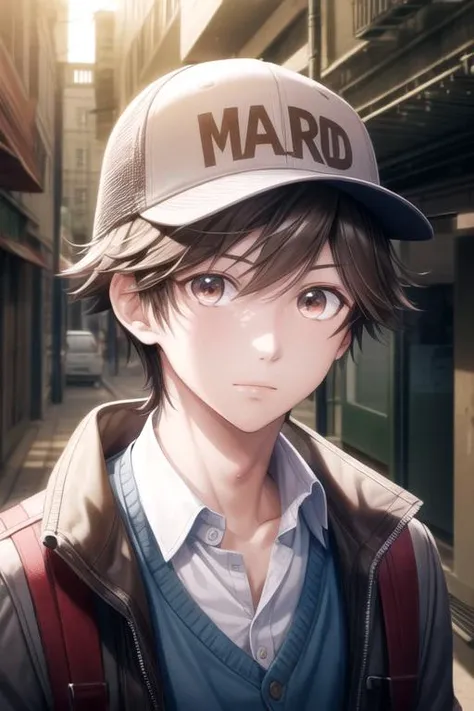 masterpiece, best quality, wallpaper, 1boy, solo, male focus, looking at viewer, upper body, depth of field, <lora:kensuke_ooshiba:0.74>, kensuke_ooshiba, brown hair, brown eyes, , snapback, science fiction apocalyptic and post-apocalyptic,