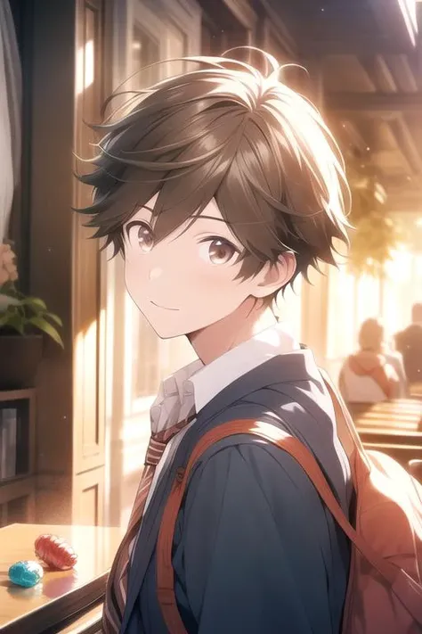 anime boy with backpack looking at camera in a cafe