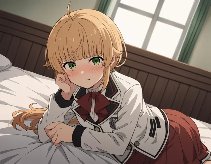 anime girl laying on bed with her hand on her chin