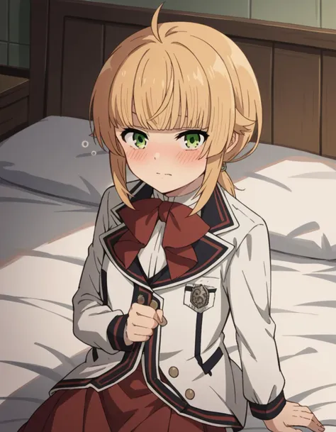 anime girl sitting on a bed with a white sheet and red bow