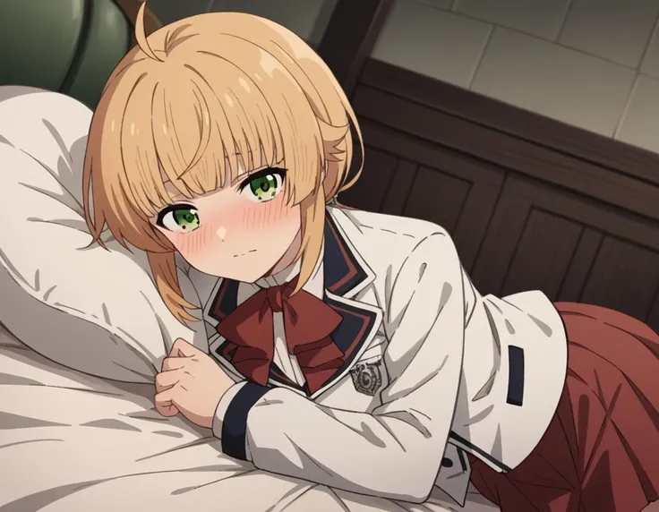 anime image of a girl laying on a bed with a pillow