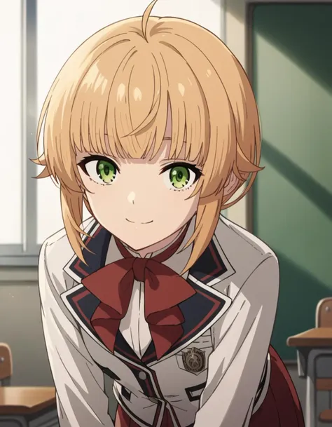 anime girl with blonde hair and green eyes in a classroom