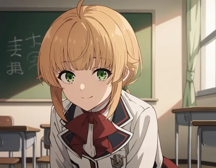 anime girl sitting in a classroom with a blackboard in the background