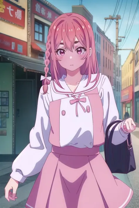 sumisakurasawa, <lora:sumi sakurasawa s1-lora-nochekaiser:1>,
sumi sakurasawa, bangs, (pink eyes:1.3), hair between eyes, pink hair, braid, hair bow, thick eyebrows,
BREAK skirt, shirt, long sleeves, bow, ribbon, school uniform, white shirt, serafuku, sail...