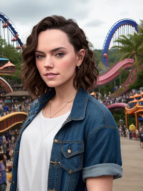 photo of a beautiful (emb-daisy:1.0) woman at an amusement park,(close shot:1.2), short dark hair,(roller coasters:1.2), merchan...