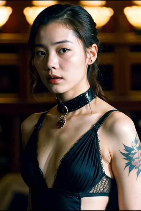 8k uhd, movie scene (from movie "Titanic") ofa young korean 1female, tattoos, skin pores, skin imperfections, Bondage Mesh Outfit, sharp focus