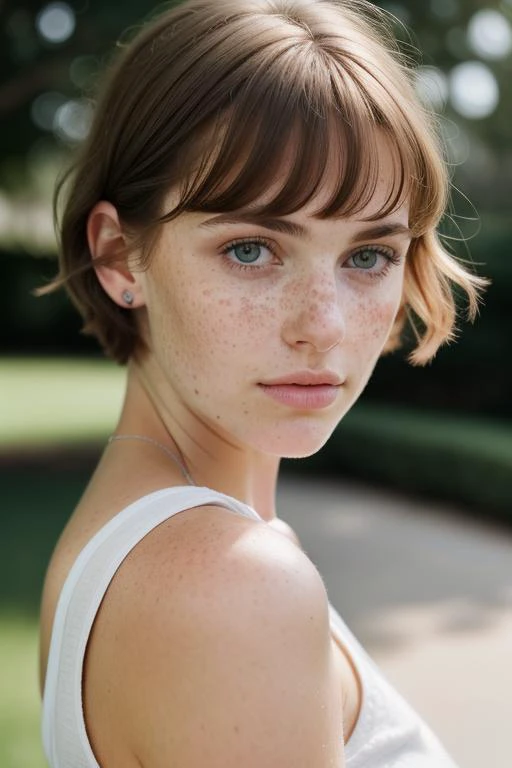 detailed and realistic portrait of a woman with a few freckles, round eyes and short messy hair shot outside, wearing a white t shirt, staring at camera, chapped lips, soft natural lighting, portrait photography, magical photography, dramatic lighting, pho...