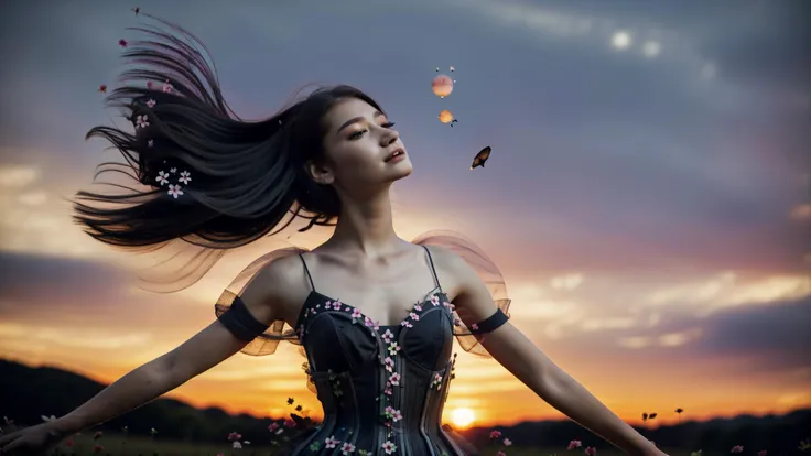 an awarded photo of 1girl perfect face,  in summer garden full of flowers in egzotic alien planet, alien plants and alien flowers,she wear long black dress with corset and high hells, she is happy and dancing with wind, leaves and colorful flowers blown by...