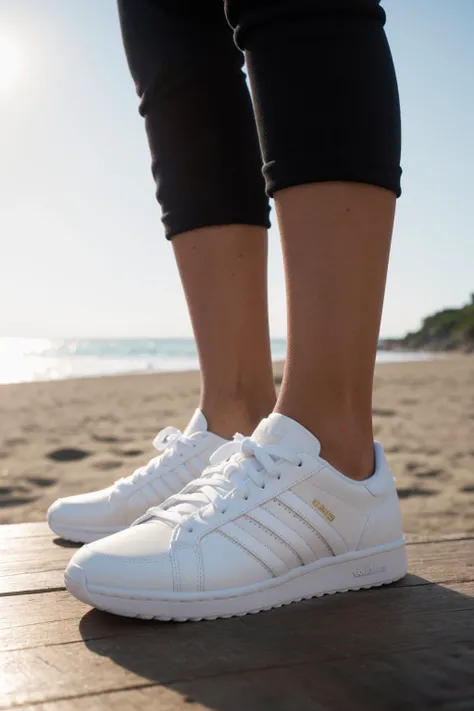 RAW photo BREAK white adidas sneaker on a wooden table, beach in background, Bokeh BREAK detailed, sunrays, sunlight, cinematic lighting, professional colorgraded