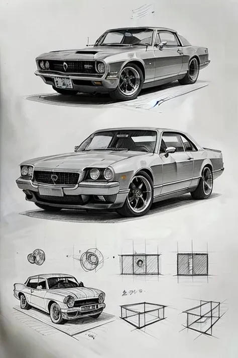 sketches of a car and a coffee table with a coffee table