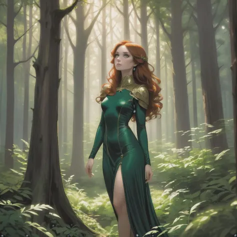 A professional portrait of a woman standing in a dense forest, surrounded by tall trees and dappled sunlight filtering through the leaves. She wears an elegant green velvet dress that blends harmoniously with the surroundings. The lighting creates dramatic...