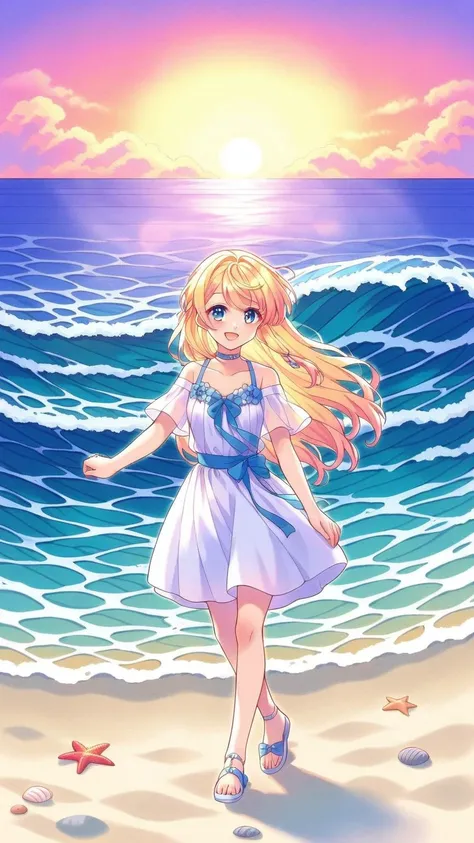 (1girl:1.3), (cute:1.2), (anime style:1.1), (soft colors:1.2), (gentle background:1.2), (light pastels), ((walking along the beach)), (holding her shoes in one hand), (waves in the background), (soft sunset light), (light dress), (calm expression), (gentle...