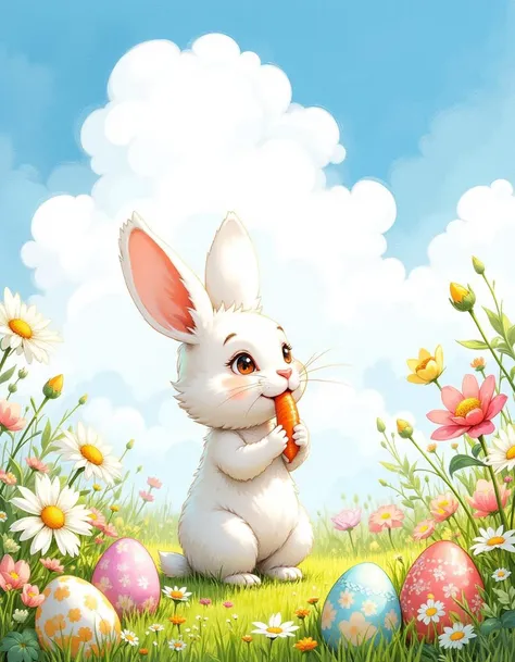 Wide angle watercolor painting, (Fluffy white rabbit eating orange carrot:1.3), Central composition, Soft fur, Lively eyes, (Gentle green grass:1.2), Vibrant orange carrot, Delicate whiskers, (Bright Easter eggs of varying patterns and sizes:1.3), Scattere...