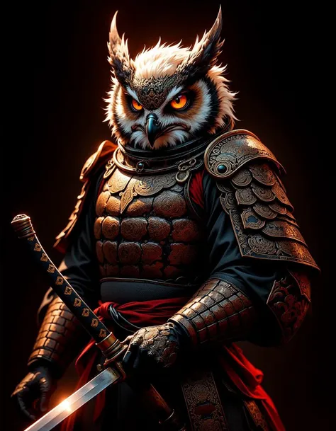 inkpunk, anthropomorphic Siamese owl Samurai, (samurai armor:1.2), Japanese painting style, holding a katana, cinematic lighting, golden ratio, perfect composition, elegant, no crop, 4k, sharp focus, masterpiece, backlight, cinematic, highly detailed, extr...