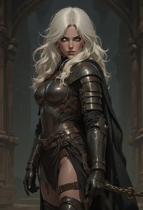 full body shot, side view, a petite Female elf knight in a full breastplate with flowing white hair and glowing white eyes, holding a chain-whip, thigh high armored sabatons, armored skirt, small breasts