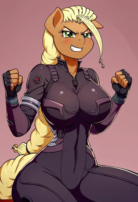 score_9, score_8_up, score_7_up,<lora:V2 Nihashi battlesuit>, anthropomorphic pony, simple background, sitting, fingerless gloves, dark skinned woman, standing, tall woman, one braid, long hair, 1 girl, braid, big tits, breasts, pony tail, v2 nihashi battl...