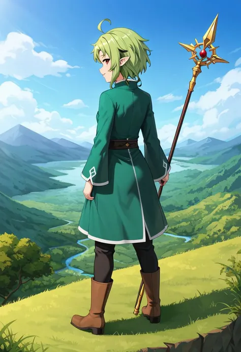 fantastic setting, fantasy, it stands on a cliff, a cliff, mountains and a river in the distance, a forest, green robe, long sleeves, gold embroidery on the sleeves, black pants, brown boots, back view, looks back, Looking at the viewer, smile, in his hand...