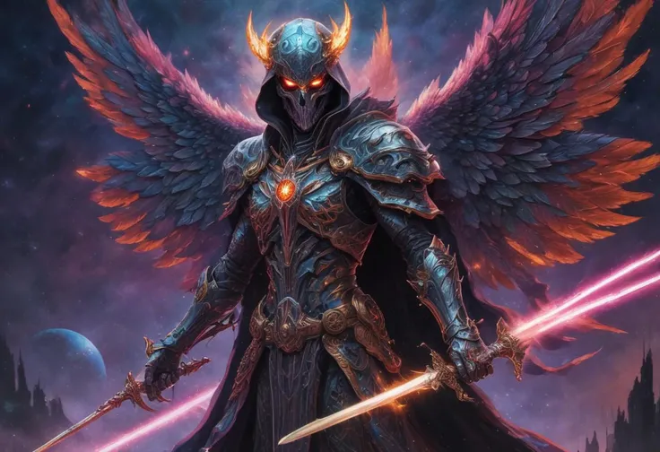 cosmic angel of death wielding swords, hood and mask, modern, vibrant colors, outer space, sci-fi, highly detailed, majestic