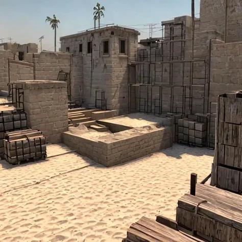 A highly detailed, realistic image of an old, weathered construction site within a desert-themed environment <lora:Counter_Strike_Global_Offensive_Artstyle:1>  <lora:add_detail:1><lora:LCM_Lora_15:1.0>