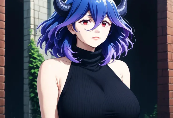 vermeil, red eyes, hair between eyes, blue hair, purple hair, multicolored hair, medium hair, horns, score_9, score_8_up, score_7_up 1girl, solo, sweater, bare shoulders, sleeveless, turtleneck, black sweater,