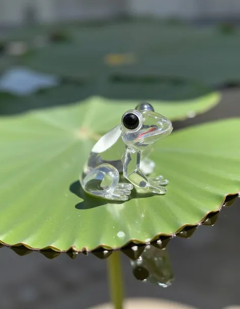 (crystal frog sitting on lily pad:1.6),(transparent  crystal frog:1.3),BREAK ,Radial composition, Veiny textures, Delicate contours,Soft reflections on calm water,Intricate giant lily pad folds and subtle shadows, Marbled green hues, Serene marsh backdrop,...