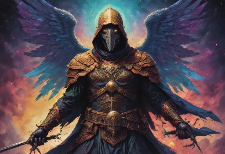 cosmic angel of death wielding swords, hood and mask, modern, vibrant colors, outer space, sci-fi, highly detailed, majestic