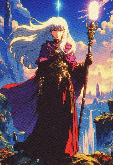 A retro anime scene featuring a powerful female mage with flowing robes, holding an ornate staff glowing with magical energy. Her long hair flows in the wind as she stands in the middle of a breathtaking magical world. Towering crystal spires and floating ...