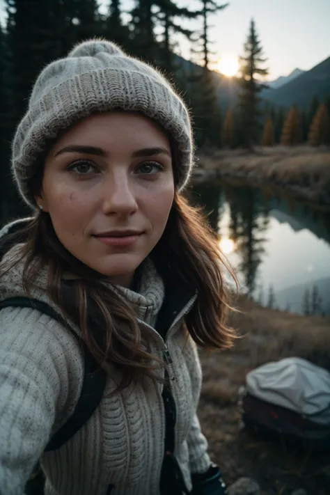 a woman taking a selfie in the mountains with a backpack