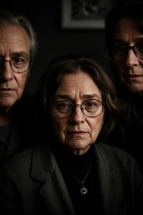 three people standing next to each other in a dark room