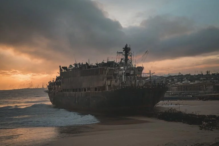 cityscape, post-apocalyptic Port of Los Angeles, sunset, destroyed buildings, ruined cargo ship, smoke trails from fires