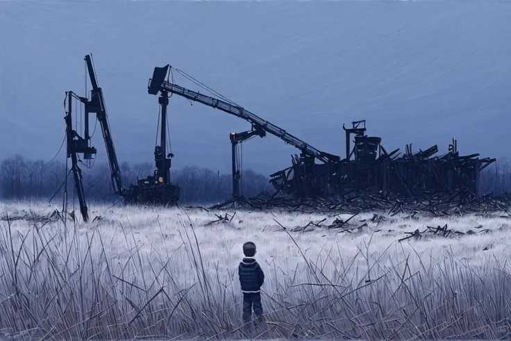 <lora:Stalenh4g:0.8>, a  boy contemplates a smouldering heap of broken machinery in a frozen field in a dystopian and desolate age, (distant crane-like structures silhouette:1.2), by Simon Stalenhag , dramatic lighting, dynamic composition