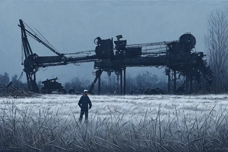 <lora:Stalenh4g:0.8>, a  boy contemplates a smouldering heap of broken machinery in a frozen field in a dystopian and desolate age, (distant crane-like structures silhouette:1.2), by Simon Stalenhag , dramatic lighting, dynamic composition