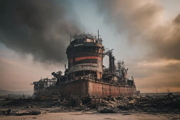 cityscape, post-apocalyptic Port of Los Angeles, sunset, destroyed buildings, ruined cargo ship, smoke trails from fires