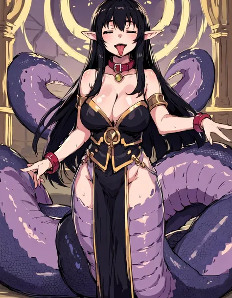 masterpiece, best quality, 1girl,solo, black hair, closed eyes,  lamia,purple tail, coiled,seductive smile, standing,collar,long tongue, open mouth,   <lora:Lamia:0.8>