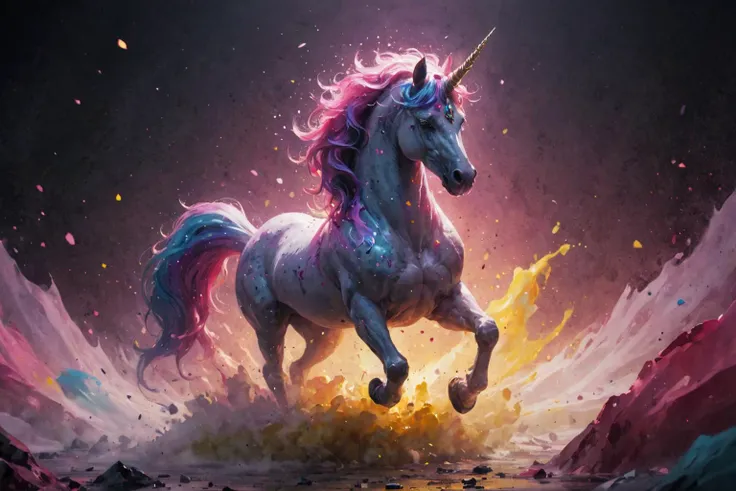 a unicorn is running through a field of flowers and rocks