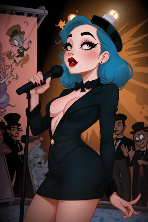 a cartoon of a woman in a black dress and top hat singing into a microphone