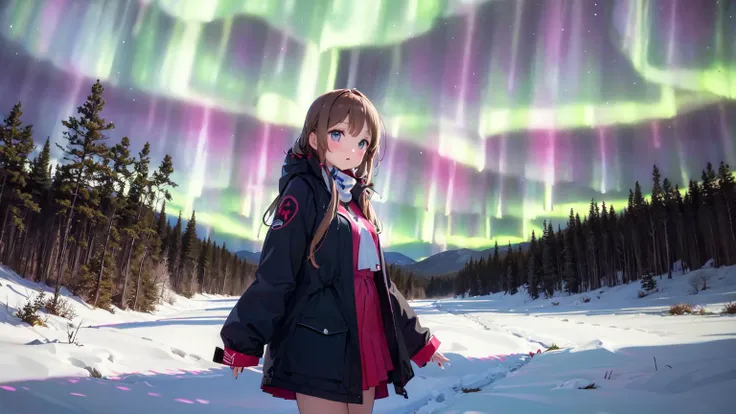 anime girl in a red dress standing in the snow with a green aurora light in the background