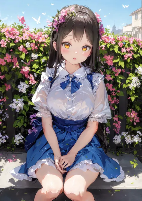 anime girl sitting on a bench with flowers in the background