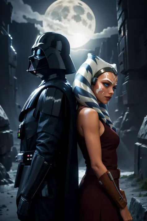 a woman in a dress and darth vader costume standing next to a man in a dark suit