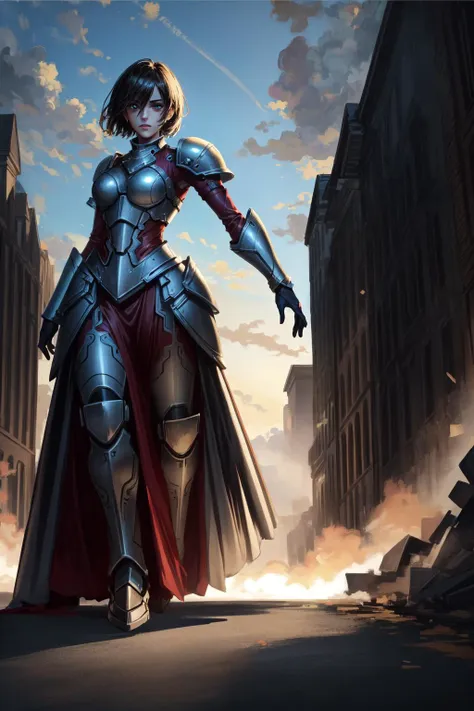 a woman in armor walking down a street in a city