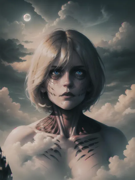 ((best quality)), ((masterpiece)), (detailed), female titan, blonde hair, short hair, blue eyes, horror beauty, perched on a cloud, (fantasy illustration:1.3), enchanting gaze, captivating pose, delicate scars, otherworldly charm, mystical sky, (Luis Royo:1.2), (Yoshitaka Amano:1.1), moonlit night, soft colors, (detailed cloudscape:1.3), (high-resolution:1.2) <lora:FemaleTitanV2:1> <lora:LAS:0.6>,colorful