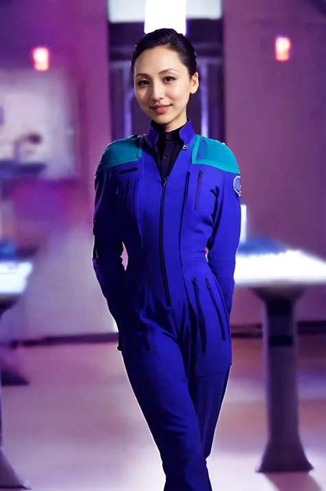 arafed woman in a blue uniform walking down a runway